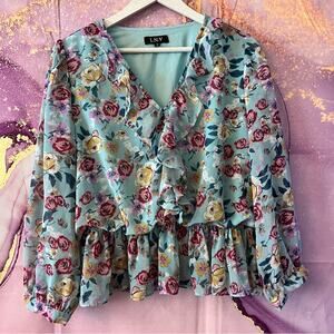 5/$30 L.N.V Ruffle Tiered Peplum V-Neck Long Sleeve Blouse L